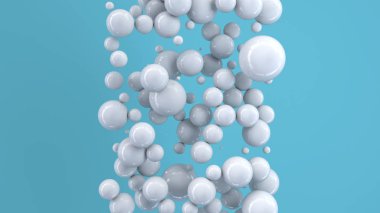 Rastgele büyüklükteki mavi zemin üzerine beyaz küreler. Arka plan daire ile. Bulut çevrelerin duvar önünde. 3D render illüstrasyon