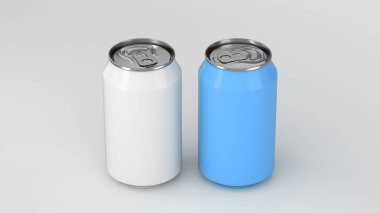 İki küçük beyaz ve mavi alüminyum tozu mockup beyaz arka plan üzerinde kutular. Bira veya içecek teneke paketi. 3D render illüstrasyon