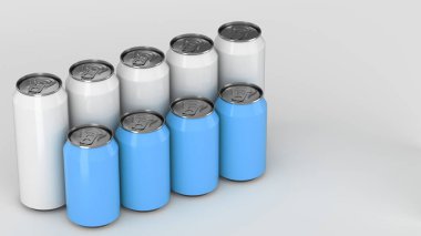 Büyük ve küçük beyaz ve mavi soda ayakta beyaz arka plan üzerinde iki raws kutular. İçecek mockup. Bira veya içecek teneke paketi. 3D render illüstrasyon