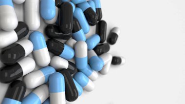 Beyaz arka planda siyah, beyaz ve mavi tıp kapsül yığını. Tıp, sağlık veya eczane konsepti. 3D render illüstrasyon