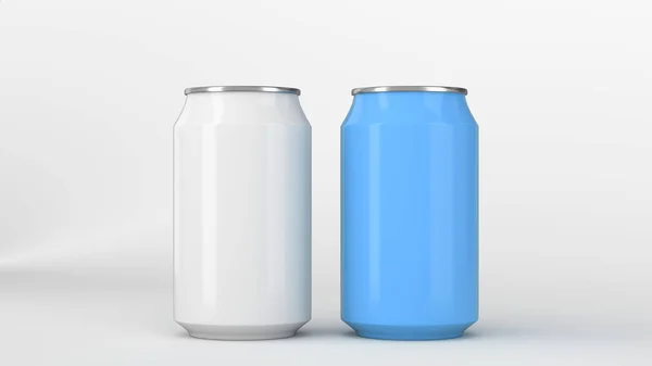 Duas Pequenas Latas Refrigerante Alumínio Branco Azul Mockup Fundo Branco — Fotografia de Stock