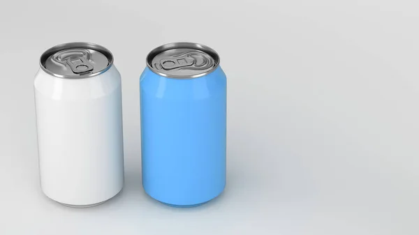 つの白と青の小さなアルミ製ソーダ缶ホワイト バック グラウンドのモックアップ ビールやドリンクの錫のパッケージです レンダリング図 — ストック写真