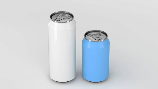 Grote Witte Kleine Blauwe Aluminium Soda Blikjes Mockup Witte Achtergrond — Stockfoto
