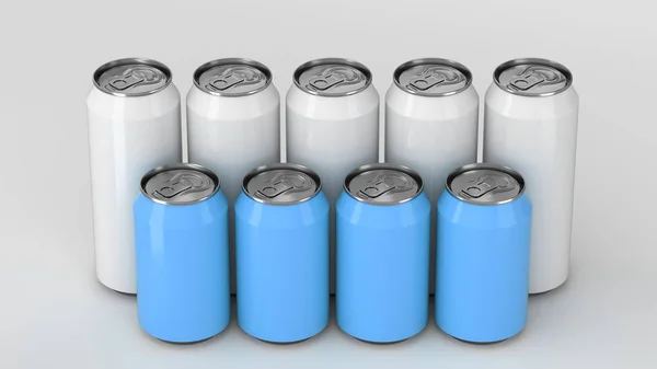 Grandes Pequenas Latas Refrigerante Branco Azul Duas Raws Sobre Fundo — Fotografia de Stock