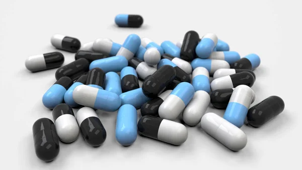一堆黑色 白色和蓝色的药物胶囊在白色的背景 医疗或药学的概念 渲染插图 — 图库照片