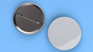 Mavi arka plan boş beyaz rozet. PIN düğmesini mockup. 3D render illüstrasyon