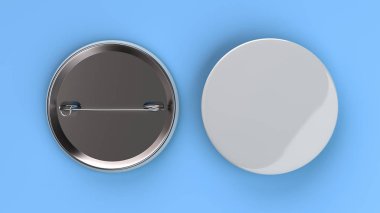 Mavi arka plan boş beyaz rozet. PIN düğmesini mockup. 3D render illüstrasyon
