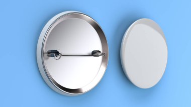 Mavi arka plan boş beyaz rozet. PIN düğmesini mockup. 3D render illüstrasyon