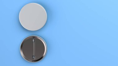 Mavi arka plan boş beyaz rozet. PIN düğmesini mockup. 3D render illüstrasyon
