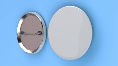 Mavi arka plan boş beyaz rozet. PIN düğmesini mockup. 3D render illüstrasyon