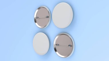 Mavi arka plan boş beyaz rozet. PIN düğmesini mockup. 3D render illüstrasyon