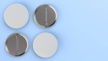 Mavi arka plan boş beyaz rozet. PIN düğmesini mockup. 3D render illüstrasyon