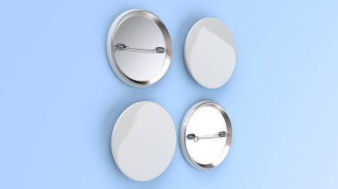 Mavi arka plan boş beyaz rozet. PIN düğmesini mockup. 3D render illüstrasyon