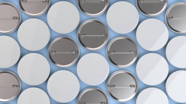 Mavi arka plan boş beyaz rozetleri. PIN düğmesini mockup. 3D render illüstrasyon