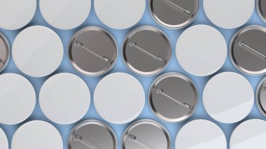 Mavi arka plan boş beyaz rozetleri. PIN düğmesini mockup. 3D render illüstrasyon