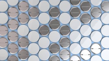 Mavi arka plan boş beyaz rozetleri. PIN düğmesini mockup. 3D render illüstrasyon