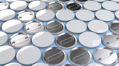 Mavi arka plan boş beyaz rozetleri. PIN düğmesini mockup. 3D render illüstrasyon