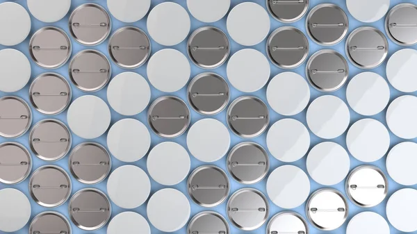 Mavi arka plan boş beyaz rozetleri. PIN düğmesini mockup. 3D render illüstrasyon