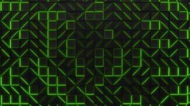 Siyah dikdörtgen duvar yeşil parlayan öğelerle döşer. Kare kiremit kılavuz. Arka plan. 3D render