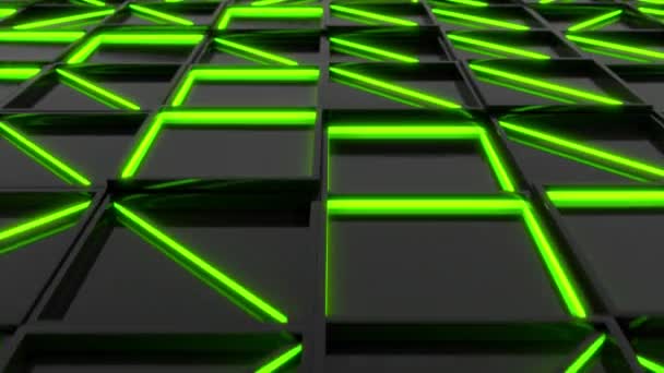墙上的黑色矩形瓷砖与绿色发光的元素 正方形瓷砖网格 抽象背景 — 图库视频影像