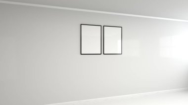 Duvardaki siyah çerçeve içinde boş beyaz posteri. Resim ya da fotoğraf mockup. 3D render illüstrasyon