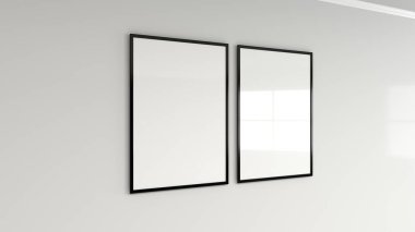 Duvardaki siyah çerçeve içinde boş beyaz posteri. Resim ya da fotoğraf mockup. 3D render illüstrasyon