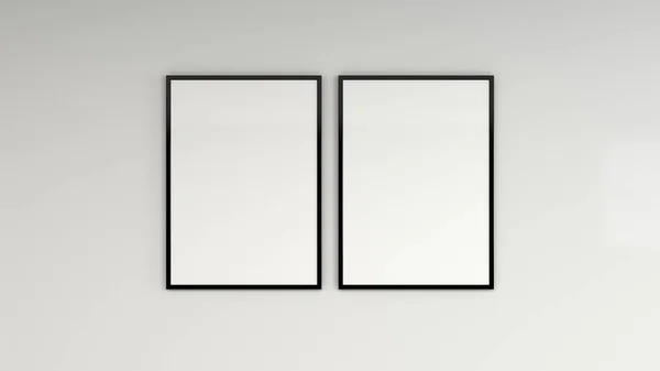 Blank white poster in black frame on the wall. Picture or photo mockup. 3D render illustration