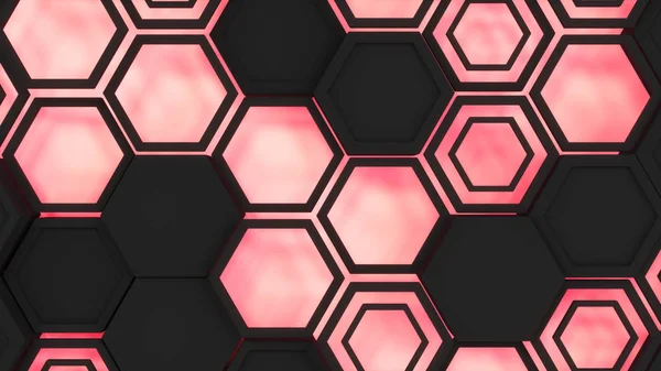 Abstract 3d background made of black hexagons on red glowing background. Wall of hexagons. Honeycomb pattern. 3D render illustration