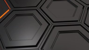Teknolojik arka plan siyah altıgenler turuncu parlamayı ile yapılmış. Altıgen yanarak bahislerin doğru duvarına. 3D render illüstrasyon