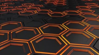 Teknolojik arka plan siyah altıgenler turuncu parlamayı ile yapılmış. Altıgen yanarak bahislerin doğru duvarına. 3D render illüstrasyon
