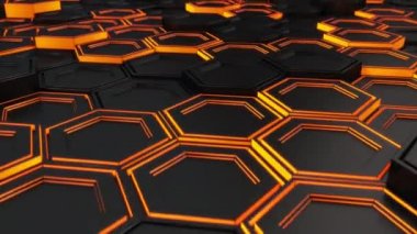 Teknolojik arka plan siyah altıgenler turuncu parlamayı ile yapılmış. Altıgen yanarak bahislerin doğru duvarına. 3D render illüstrasyon