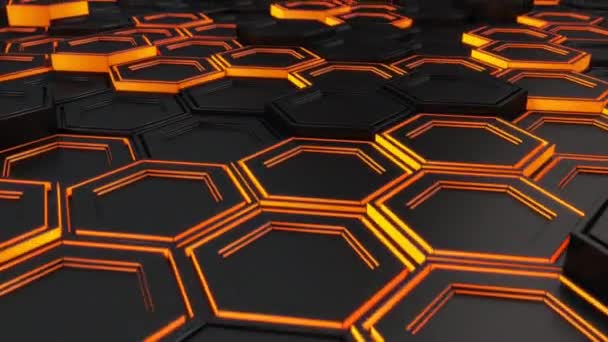 Abstrakt Teknisk Bakgrund Tillverkad Svart Hexagoner Med Orange Sken Väggen — Stockvideo