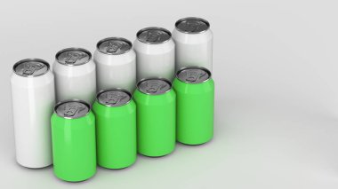 Büyük ve küçük beyaz ve yeşil soda ayakta beyaz arka plan üzerinde iki raws kutular. İçecek mockup. Bira veya içecek teneke paketi. 3D render illüstrasyon