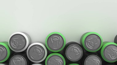 Büyük, siyah, beyaz arka plan üzerinde beyaz ve yeşil soda kutular. İçecek mockup. Bira veya içecek teneke paketi. 3D render illüstrasyon