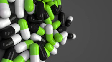Siyah arka plan üzerine siyah, beyaz ve yeşil ilaç kapsül yığını. Tıp, sağlık veya eczane konsepti. 3D render illüstrasyon