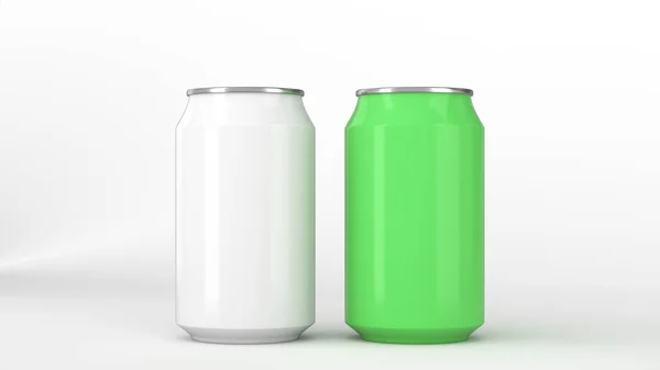 Twee Kleine Witte Groene Aluminium Soda Blikjes Mockup Witte Achtergrond — Stockfoto