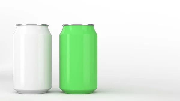 Два Небольших Белых Зеленых Алюминиевых Банки Соды Макет Белом Фоне — стоковое фото