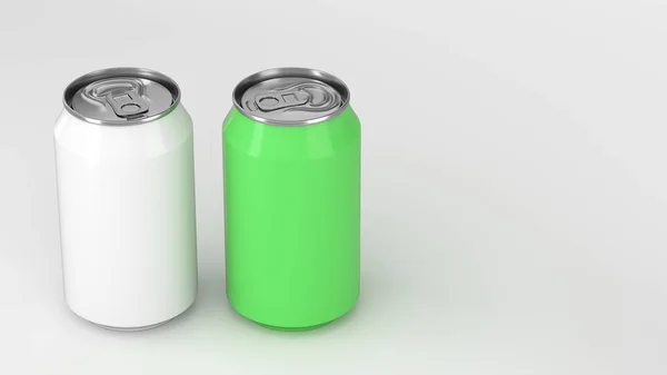 Dvě Malé Bílé Zelené Hliníkové Soda Plechovky Maketa Bílém Pozadí — Stock fotografie