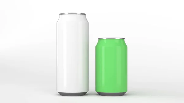 Grote Witte Kleine Groene Aluminium Soda Blikjes Mockup Witte Achtergrond — Stockfoto