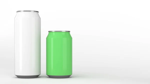 Grote Witte Kleine Groene Aluminium Soda Blikjes Mockup Witte Achtergrond — Stockfoto