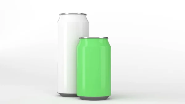 Grandes Latas Soda Aluminio Blanco Verde Pequeño Maqueta Sobre Fondo —  Fotos de Stock