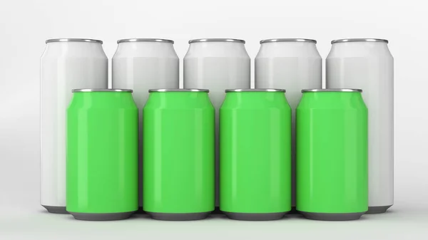 Grandes Pequenas Latas Refrigerante Branco Verde Duas Raws Sobre Fundo — Fotografia de Stock