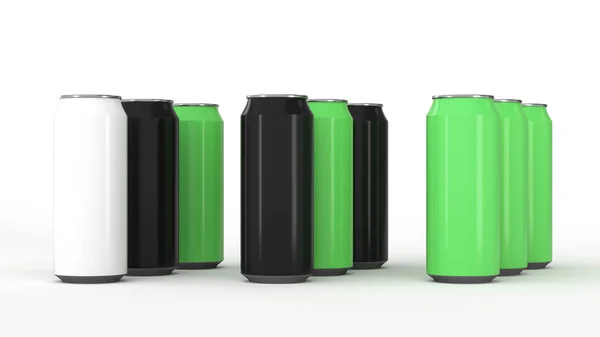 Raw Van Zwarte Witte Groene Soda Blikjes Witte Achtergrond Drank — Stockfoto