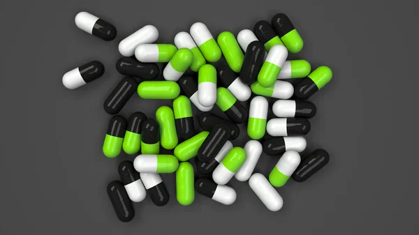 Pilha Cápsulas Medicamentos Pretas Brancas Verdes Sobre Fundo Preto Conceito — Fotografia de Stock