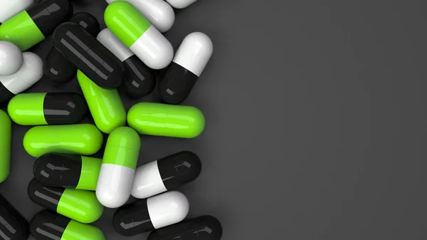 绿药胶囊 黑色背景 医疗或药学的概念 渲染插图 — 图库照片