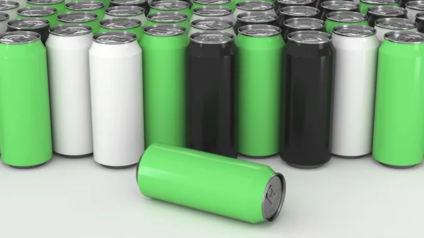 Big Black White Green Soda Cans White Background Beverage Mockup — Stock Photo, Image