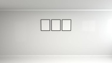 Duvardaki siyah çerçeve içinde boş beyaz posteri. Resim ya da fotoğraf mockup. 3D render illüstrasyon