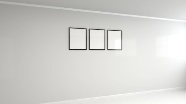 Duvardaki siyah çerçeve içinde boş beyaz posteri. Resim ya da fotoğraf mockup. 3D render illüstrasyon
