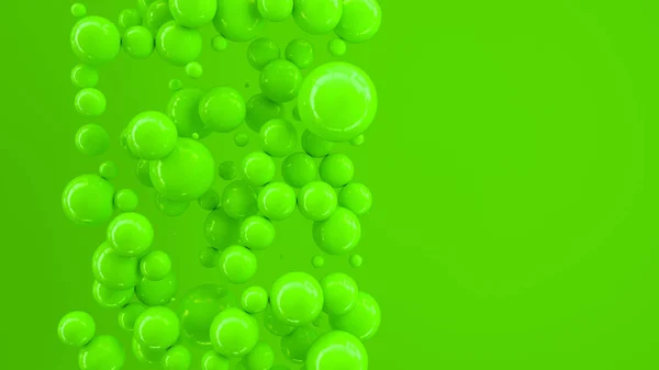 Green spheres of random size on green background. Abstract background with circles. Cloud of circles in front of wall. 3D rendering illustration