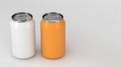 Dvě malé bílé a oranžové hliníkové soda plechovky maketa na bílém pozadí. Cín balení piva nebo jiného nápoje. 3D vykreslování obrázku